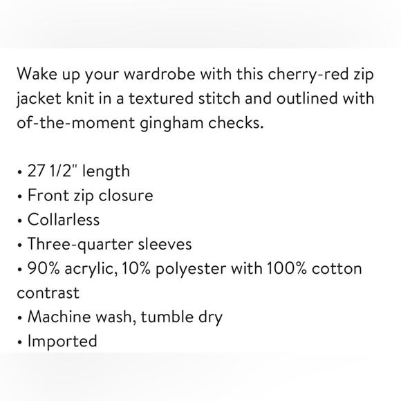 Ming Wang Poppy Red Gingham Trim Zip Front Long Sweater Jacket Womens S new nwt - Picture 11 of 16